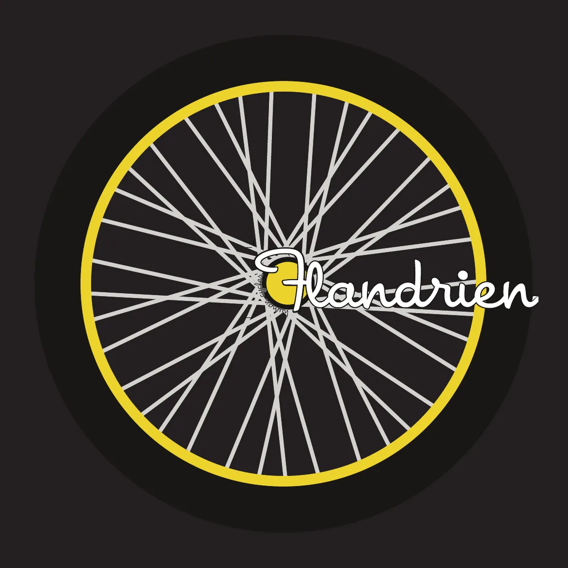 Square Flandrien brochure: on the cover, a black wheel with a yellow rim and the logo; inside, a spread for each bike range (urban, road, fitness, mountain) with the bike drawn in white line over a photo, its colours and its sizes; accessories and back cover.