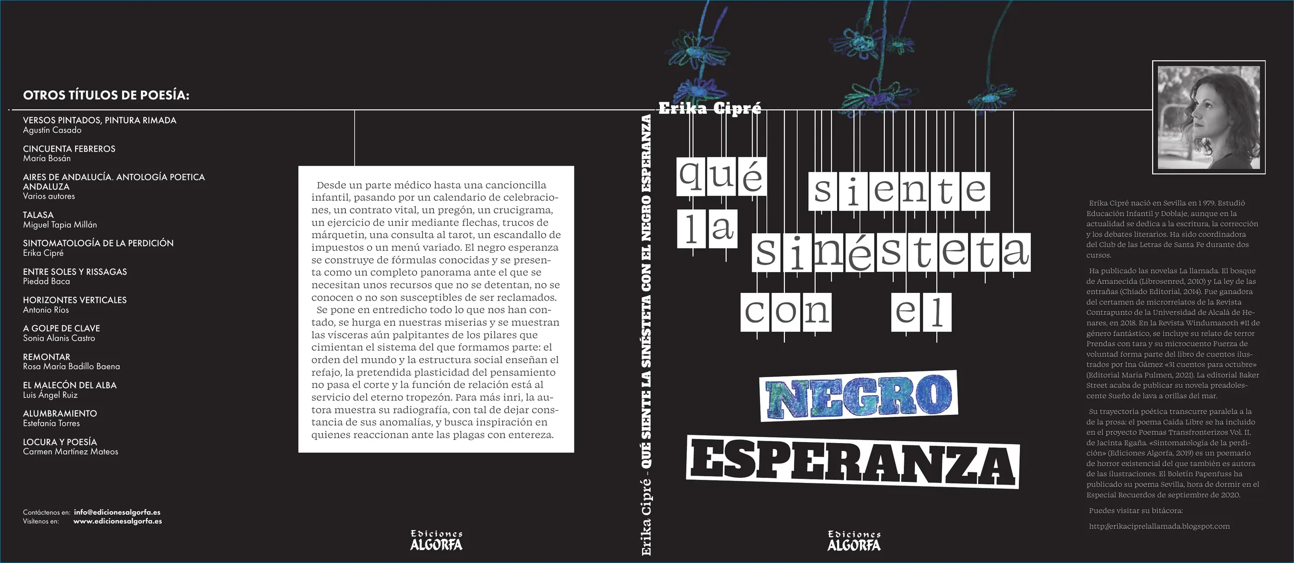 Full cover of “Qué siente la sinesteta con el negro esperanza” (what the synaesthete feels with hopeful black), in black: the title composed of cut-out words hanging from threads and “negro esperanza” in large letters; on the flaps, other poetry titles and the author’s biography.