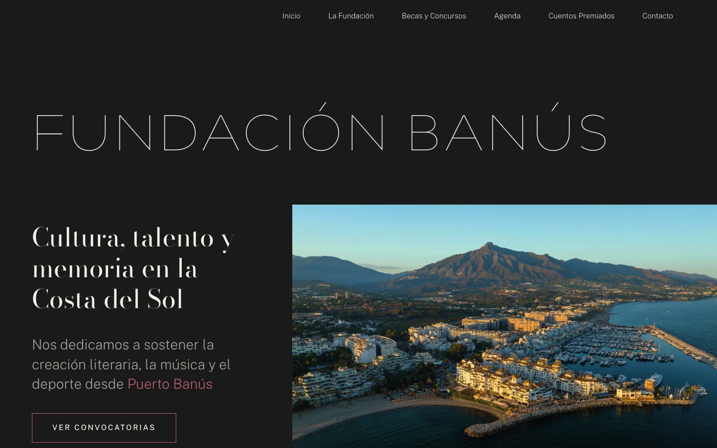 La web nueva: fondo oscuro, el nombre de la fundación a toda página, el lema «Cultura, talento y memoria en la Costa del Sol» y una vista aérea del puerto al atardecer.